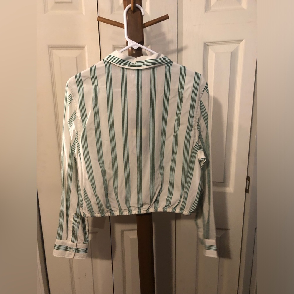 Green Striped Cropped Button Down Shirt - Picture 3 of 3